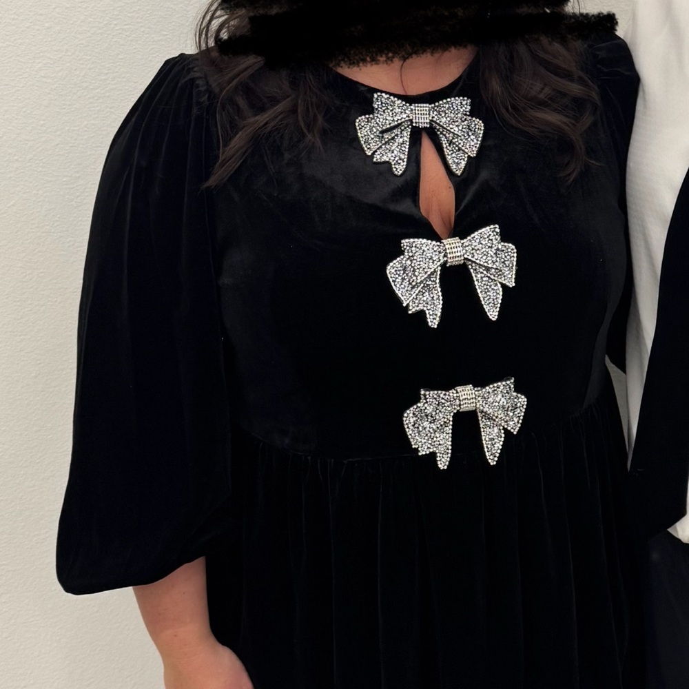 Elegant Black Dress with Rhinestone Bows